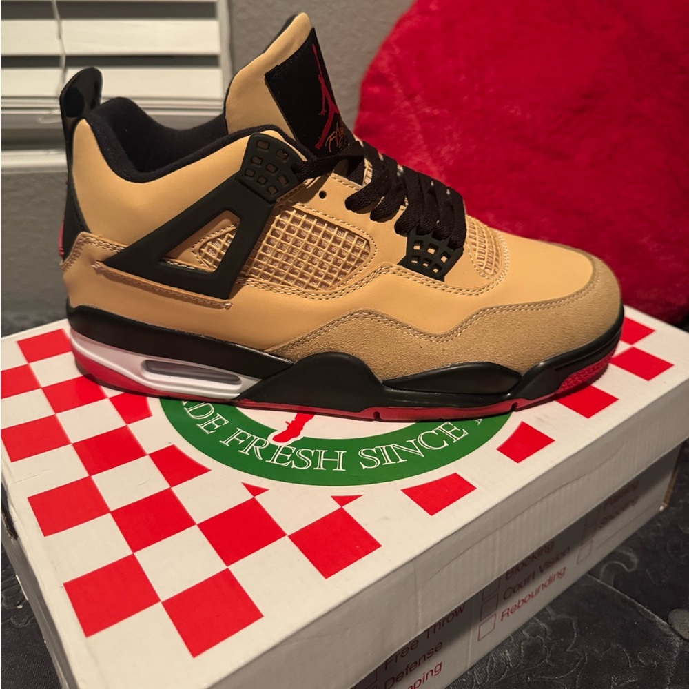 Tan and Black High-Top retro 4 Sneakers